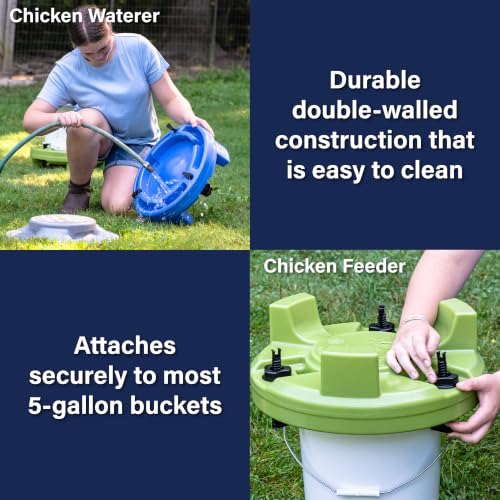 American Home Self-Filling Farmstead Chicken Drinker, Waterer, Feeder Automatic Chicken Coop Water and Feed Dispensers, 5 Gallon Capacity (Bucket Not Included), Weather-Resistant Design - size: Bundle