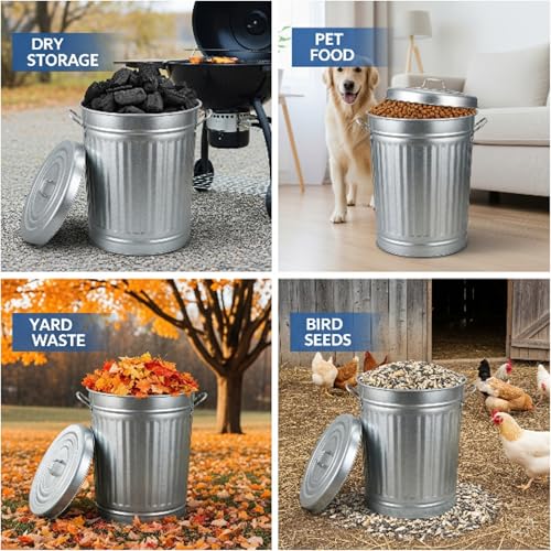 Large Metal Trash Can with Lid 31 Gallon, Heavy Duty Galvanized Outdoor Bucket for Garage, Workshop, Ash Storage, Decorative Silver Farmhouse Trash Bin with Lid