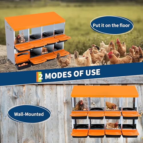 Chicken Nesting Box, Nesting Boxes for Chickens, 8 Compartments Chicken Laying Boxes with Lid Cover, Roll Away Nesting Box for Chickens Laying Egg to Protect Eggs, Orange