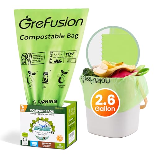 GreFusion 2.6 Gallon Compostable Trash Bags, 100 Count, Extra Thick 0.71 Mil, Certified by BPI and ASTM D6400, Perfect Fit for Small Trash Cans - color: 2.6G-100Count