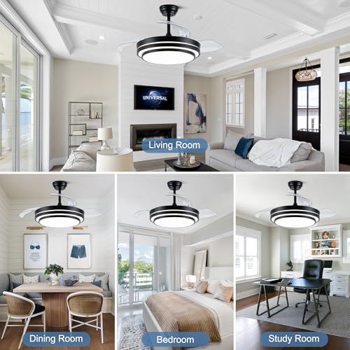 42 Inch Retractable Ceiling Fan with Lights Fandelier Ceiling Fan | Modern Black Fandalier Ultra Thin Chandelier LED Light for Bedroom Living Room, 3CCT Reversible Quiet DC Motor 6 Speeds - color: 4204-Black