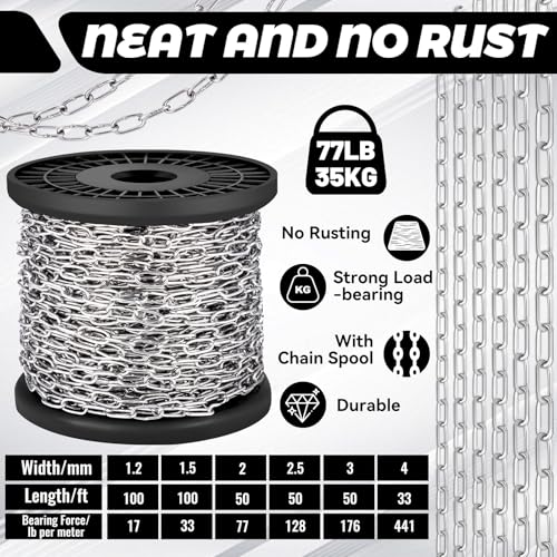 100ft 1/16" Jack Chain for Hanging Stainless Steel Metal Chain Link Silver Galvanized Light Chain Roll Small Light Duty Fixture Utility Chain for Bird Feeders, Overhead Lights, Flowerpots (1.5mm*30m)