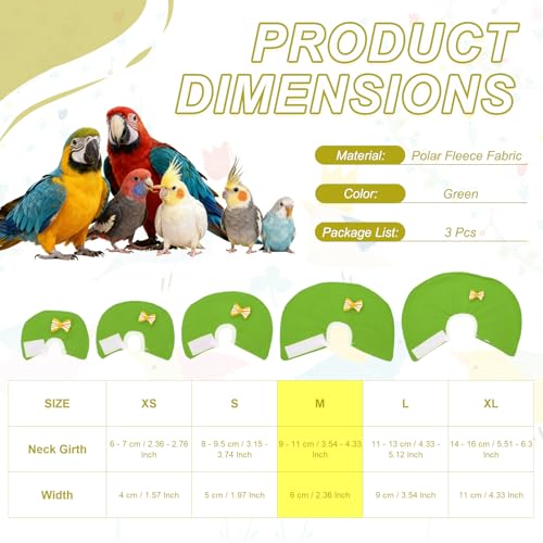 Bird Collars, Bird Cone Collar Protective Recovery Cones, Soft Adjustable Anti-Bite Feather Neck Protector (Green, M, 3 Pcs), Intended for Budgie/Cockatiel/Lovebirds - color: Green, size: M