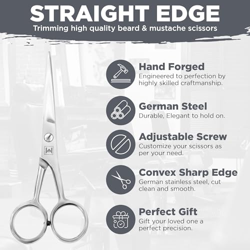 Mustache & Beard Scissors for Men – Stainless Steel Grooming Kit with Comb & Travel Case – Sharp Facial Hair Trimming Tool for Mustache, Beard, Nose & Eyebrows - color: Silver