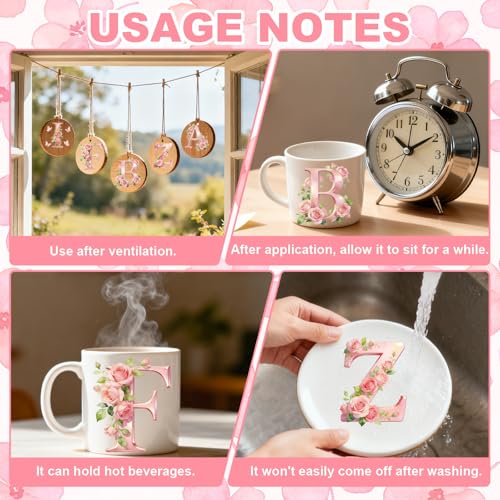 GLOBLELAND 56 Sheets 26 Floral Letters Rub on Transfer Stickers with Storage Box 3.9x3.6 inch Pink Roses Rub on Transfer for Crafts Cup Vase Window Glass - color: 26 Floral Letters