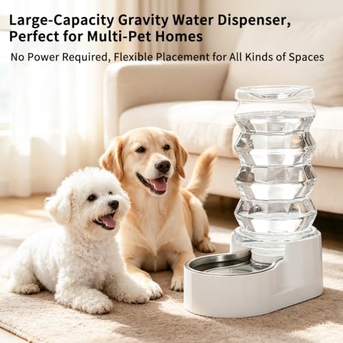 RIZZARI 8L Gravity Dog Water Dispenser: Stainless Steel Bowl Anti-Splash | Wide Mouth Easy Cleaning/ Dishwasher Safe/No Electricity Needed/ Filtered Fresh Water / Multi-Pet Homes - color: White, size: 8L