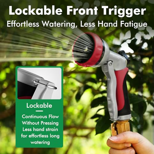 RESTMO Garden Hose Nozzle, Heavy Duty Metal Water Hose Nozzle with 7 Adjustable Spray Patterns, High Pressure Hand Sprayer with Flow Control, Best for Watering Plants & Lawns, Washing Cars & Pets, Red - color: Red