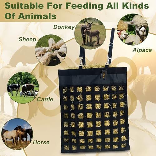 Slow Feed Hay Bag for Horses, Heavy Duty Nylon Hay Feeder with Adjustable Straps & Zinc Alloy Metal Hooks, Durable Mesh Design for Horse, Goat, Sheep & Cattle, 20 x 25 Inch