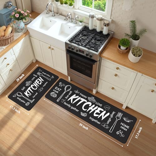 KIMODE Anti Fatigue Kitchen Mats,Black Farmhouse Kitchen Rugs Sets of 2 | Non Slip Waterproof Kitchen Floor Mats,Ergonomic Cushioned Comfort Standing Mat for Home,Laundry,Office,Sink,Desk,RV - color: Kitchen/Black, size: 17.3" x 59"+17.3" x 29"--0.47 inch