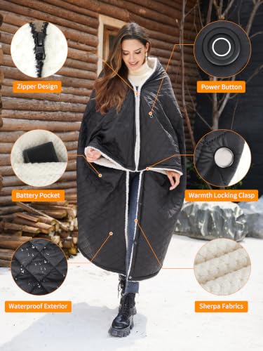 Wearable Heated Blanket,12V Cordless 15000 mAh,3 Heating Set | Cordless heating pad design,Battery Operated,Sherpa Lining,Heated Shawl Throw Blanket for Car,Camping,Backpacking,Hiking - color: Elegant Black