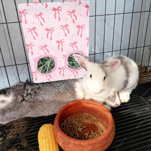 JarThenaAMCS 2Pcs Rabbit Hay Feeder Bag with 2 Holes Pink Bow Guinea Pig Hanging Hay Feeding Bag Storage Dispenser for Chinchilla Hamster Bunny Small Animal Pet - size: 11.5 x 9 inch