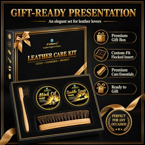 Feilove Leather Boot Care Kit Gift Set with Mink Oil, Saddle Soap, Horsehair Brushes, Applicators & Cloth for Cowboy Boots, Work Boots, Saddles & Tack