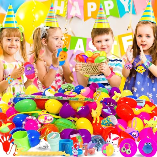 100PCS Prefilled Easter Eggs with Novelty Toys, Plastic Easter Egg Fillers Toys Bulk for Easter Egg Hunt, Easter Basket Stuffers for Kids Toddler Boys Girls Goodie Bag Easter Eggs Filled Party Favors