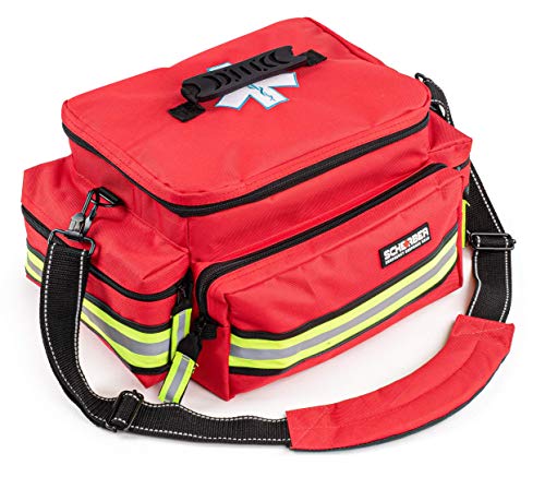 Scherber First Responder Fully-Stocked Professional Essentials EMT/EMS Trauma Kit | HSA/FSA Approved | Reflective Bag w/8 Zippered Pockets & Compartments & 200+ First Aid Supplies - Red - color: Red