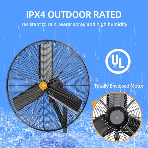 24 inch Outdoor Oscillating Wall Mounted Fan, High Velocity IPX4 Waterproof 7350 CFM Industrial Metal Wall Fan, 2 Speed, Adjustable Tilt, for Greenhouse, Patio, Garage, Workshop - size: 24 inch - Outdoor