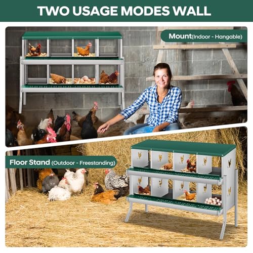Chicken Nesting Boxes, 8 Compartment Metal Stainless Steel Chicken Laying Boxes with Legs, Removable Roll-Away Trays & 2-in-1 Perch, Easy to Clean and Install, for Outdoor Chicken Coop, Green - color: Dark green, size: 8 Room&Mat eggs