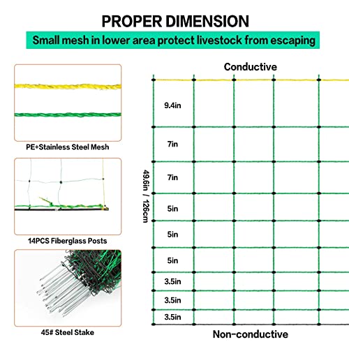 Electric Fence Netting, 49.6" H x 164' L, PE Net Fencing Kit with 14 Posts Double Spiked, Utility Portable Mesh for Sheep Goats Deer Hogs Dogs Lambs Used in Backyards Farms and Ranches, Green