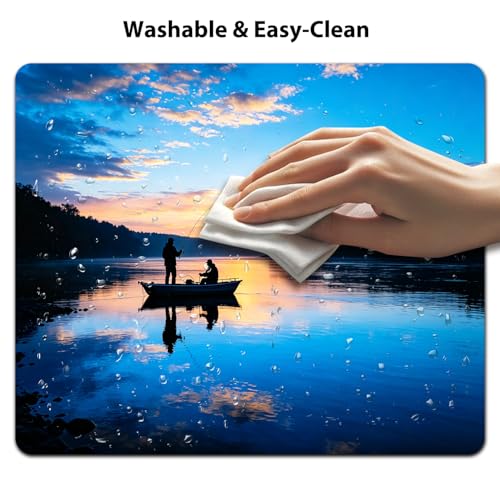 Sunset Lake Fishing Silhouette Mouse Pad 9.5" x 7.9", Calm Blue Water Nature Cute Desk Mat, Serene Scene - color: Fishing Scene