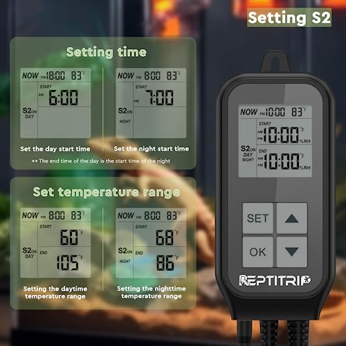 Reptile Thermostat, Light Timer for Temperature and Lighting Control, Day-Night Timer Thermostat with Reptile Thermometer for UVB Light, Heat Lamp, Heating Pad, 10A 1250w