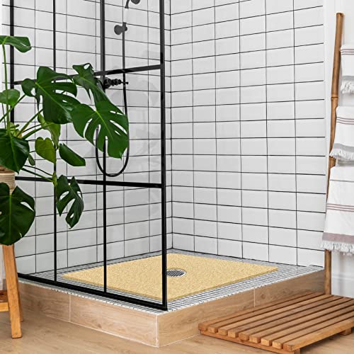 Shower Mat Non Slip,32 x 32 Inch Extra Large Square Shower Mat with Drain Hole in Middle,Soft Loofah Bath Mat Shower Stall Bathtub Mat for Inside Shower Bathroom,Without Suction Cups (Beige Yellow) - color: Beige Yellow