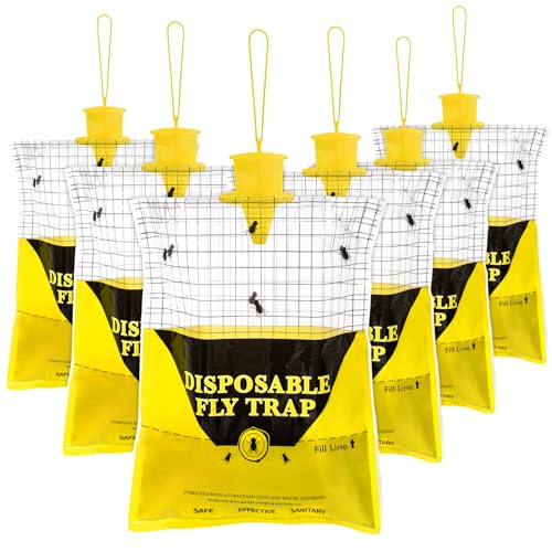 Outdoor Fly Traps for Patio - 6 Large Pre-Baited Flies Bags Disposable | Hanging Fly Catcher Killer Repellent with 6*50g Bait for Stable Horse Barn & Farm | Easy to use | Durable | Effective - size: 6 pack