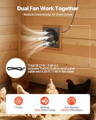 VEVOR Solar Powered Fan, 25W Solar Panel with 220 CFM Airflow, Adjustable Panel Angle, 2030 RPM High-Speed, Flexible Install, Fast Air Exchange for Greenhouse, Grow Tents, Chicken Coops, Shelters - size: 9.8" Fan×1 -25W