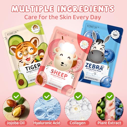 28 Pack Animal Collagen Face Masks for Girls, Bulk Hydrating Face Mask | for Kids Teens, Skin Care for Kids, Suitable for Dry Skin, Spa Party Supplies and Birthday Gifts