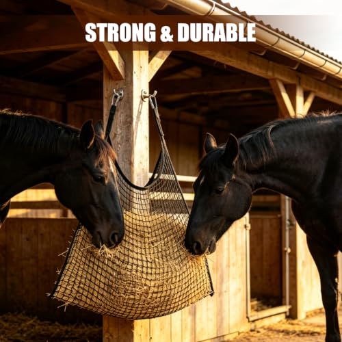 4Pcs Slow Feed Hay Net for Horses, Durable Hanging Hay Bag with Clips for Horses Goats Donkeys Sheep, Easy Loading, Large Capacity, Fits Stall & Trailer, 35" x 31", Black