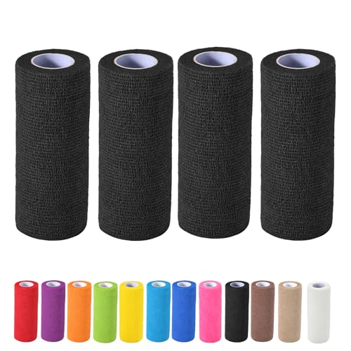 4 Pack Self Adhesive Bandage Wrap, 6 ln x 5 Yards Vet Wrap Tape, Black | Non-Woven Self Adherent Cohesive Bandage for Thumb, Finger, Wrist, Knee, Ankle - color: Black