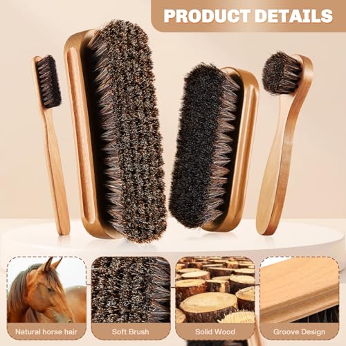 4 Pcs Horsehair Shine Shoes Brush Kit Polish Dauber Applicators Cleaning Leather Shoes Boots Care Brushes Suede Cleaner Brush with Microfiber Shoe Cloth(Wooden Style A) - style: Wooden Style A