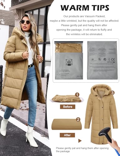 Winter Coats for Women-Puffer Jacket Hooded Warm Winter Long Coat Thickened Down Alternative Jacket Outwear - color: Khaki, size: X-Large