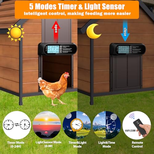 Automatic Chicken Coop Door Solar Powered, LCD Screen Electric Auto Chicken Coop Door with Timer & Light Sensor, Aluminum Rechargeable Auto Chicken Door Opener with Remote Control & 4 Modes - color: Brown