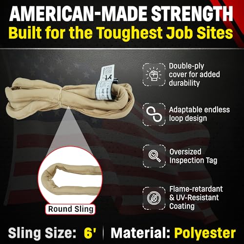 VR4 6 Foot Endless Round Lifting Sling – USA Made | Polyester, 10,600 lb Vertical, 8,500 lb Choker, 21,200 lb Basket – Double-Ply Cover, Tan Poly Round Rigging Sling - size: 6 Feet