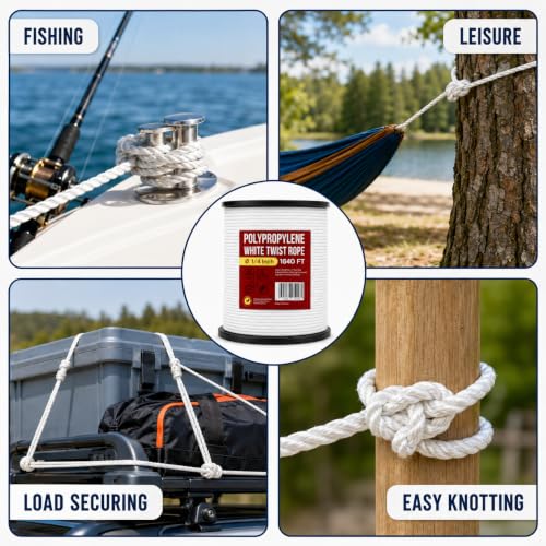 Heavy Duty PP/Polyester/Nylon Rope on Spool, White, 1/4inX1640FT | Weather-Resistant & Waterproof, For Pool, Marine, Camping, Household Use, Construction & Rigging Applications - color: White, size: 1/4in X 1640FT