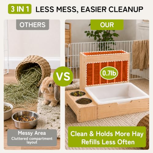 3-in-1 Rabbit Hay Feeder with Litter Box, Bowl Tray for Small Bunnies | Hay Storage Holds 0.7 lb of Hay, Includes a Mini Brush,Easy Clean,Wooden Bunny Toilet for Netherland Dwarf, Polish - size: Medium
