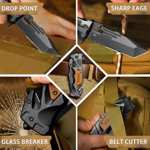 NedFoss Pocket Folding Knife DA75, 3 in 1 Pocket Knife Gifts for Men Women, Survival Knife with Liner-Lock Belt Clip, Seat Belt Cutter, Glass Breaker, Hunting knife for Camping Hiking (Black-Standard Tanto Edge, 3.9“Tanto Edge) - color: Black-Standard Tan