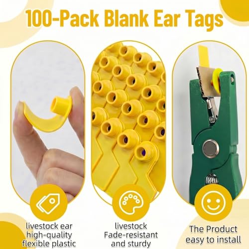 Blank Livestock Ear Tags 100 Pack for Cattle, Cow, Pig, Goat, Sheep - Durable Large TPU Plastic Animal ID Identification Labels for Farm Management & Ranch - Yellow 5x4cm (2x1.6 inches) - color: Yellow