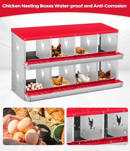 8 Compartment Chicken Nesting Box, Heavy Duty Metal Laying Box with Perch, Easy Assembly & Easy Clean for Outdoor Chicken Coop, Red - color: Red, size: 8 Compartment