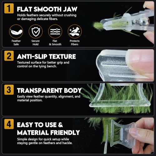 EUPHENG Smooth Flat Jaw CDC Feather Clips Fly Tying Hackle Clamp | Fly Tying Hackle Dubbing Holding Tool Transparent Anti-Slip Grip Texture Secure Feather Holding Fly Tying Accessories - size: 2pcs (S+M)