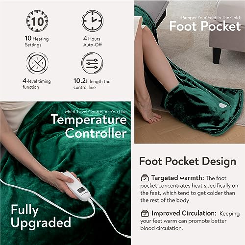 Wapaneus Foot Pocket Heated Blanket Electric Throw with 10 Heating Levels and 4 Timer Settings 4 Hours Auto Shut Off, Flannel Fast-Heating Heated Throw 50" x 60", Machine Washable, Vintage Green - color: Vintage Green, size: 50*60in