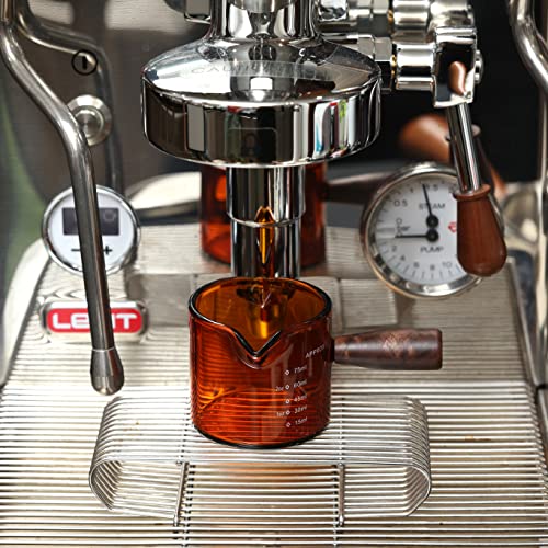 Amber 3.5oz Espresso Shot Glass Double Spouts with American Walnut Handle, Double Spout Glass Measuring Cup, Milk Frothing Pitcher - color: Amber
