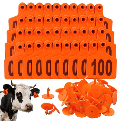 Cattle Ear Tags 101-200 Numbered Large Plastic Livestock, Orange | L3'' x W 2.5'' For Sheep Calf Goat Pig,Animal Id Tags For Ranch & Farm Herd Tracking, Laser Print Clear Numbers,Copper Head - color: Orange, size: 101-200