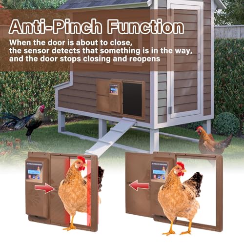 Automatic Chicken Coop Door with Timer, Side Opening Large Entry for Chickens, Battery Operated Or USB Powered, Anti-Pinch Sensor, LCD Display, Easy Installation Poultry Door - color: Coffee