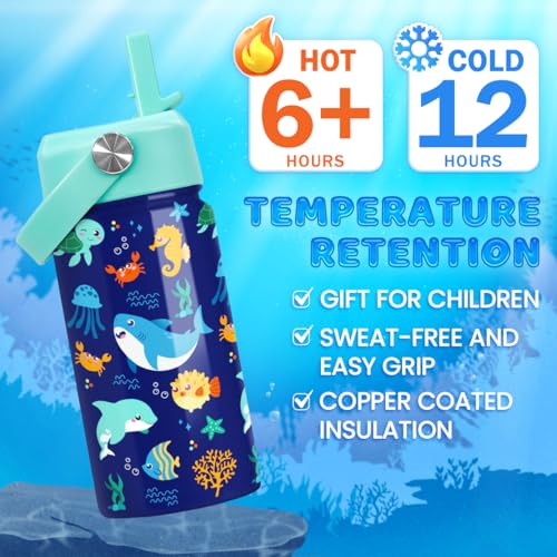 SANDJEST Kids Water Bottle with Straw Lid - 12 Oz Insulated Stainless Steel Ocean Water Bottles for Kid Boys Girls - Travel Cup for School Sports - color: Ocean Animal 2