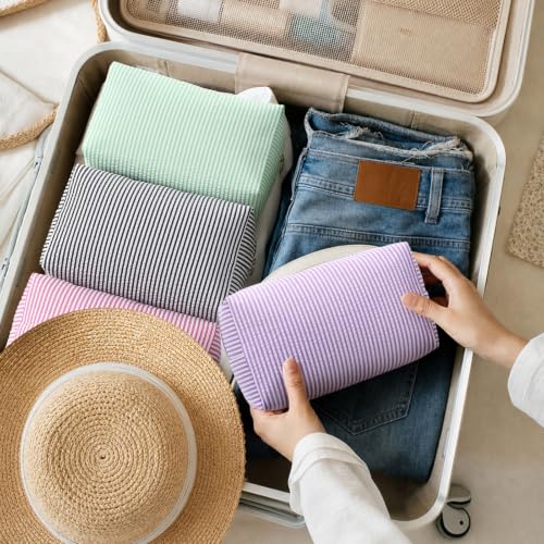 Sanwuta 20 Pcs Seersucker Cosmetic Bags Bulk, Striped Zippered,Bright | Makeup Bags Women Pouch, Large Preppy Storage Toiletry Travel Pouch for Wedding Bridesmaid Bride Favor Back to Teacher Gift - color: Bright