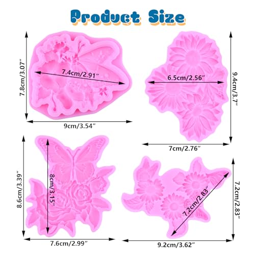 Mujiang Flower Silicone Molds Daisy Rose Butterfly Fondant Mold Set of 4 | Hibiscus Flower Butterfly Chocolate Mold Wedding Birthday Cake Decorating Cupcake Topper Candy Polymer Clay Gum Paste - color: Style J
