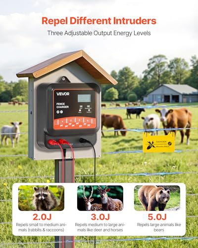 VEVOR Multi-Powered Electric Fence Charger, 2J/3J/5J, Electric Fence Energizer with Real-Time LED Display, 6.2 Miles Range, AC DC Powerful Fences Charger, Keep Out Wild Animals, for Livestock Poultry - style: 2J/3J/5J