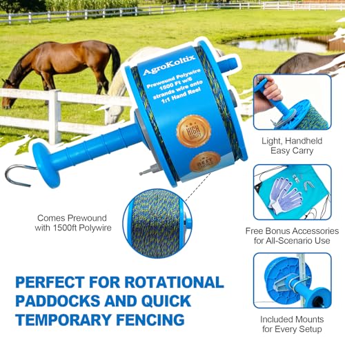 Prewound Polywire 1500ft onto Electric Fencing Hand Reel, Perfect for Rotational Paddocks and Quick Temporary Fencing - Handheld Farm Garden Livestock Fencing