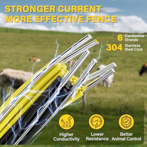 Electric Fence Wire 3366Ft 1026M- 6 Stainless Steel Strands Polywire for Reliable Conductivity - Electric Fence Poly Wire for Portable Livestock Fencing - size: 3366 Feet/1026 Meters