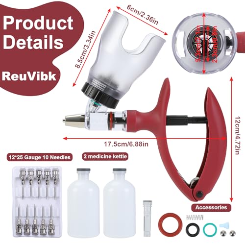 5ml Continuous Self-Refilling Livestock Syringe, 10 Needles Included | Adjustable dosage from 0.5ml to 5ml Veterinary Injection Gun for Chicken, Duck, Pig, Sheep, Cow Poultry - color: Rose Red